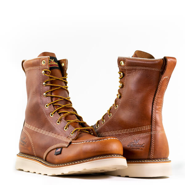Front and back view of American Heritage 8" tobacco safety toe, moc toe