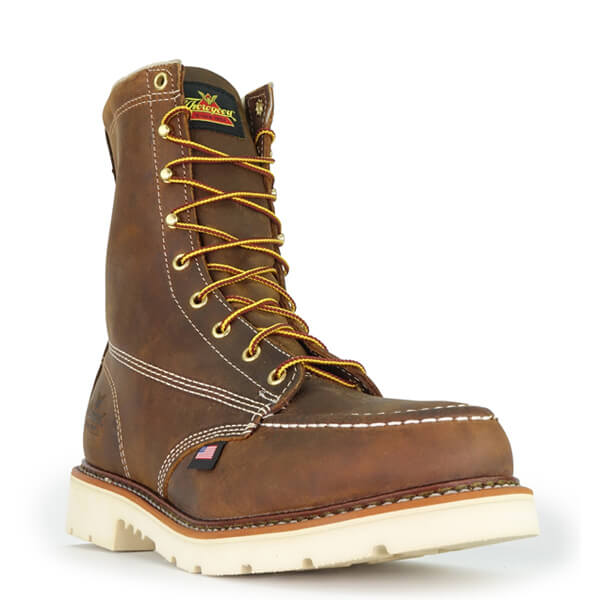 Angled front view of American Heritage 8" crazyhorse safety toe, moc toe