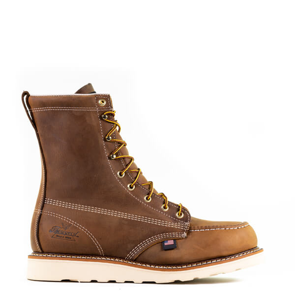 Side view of American Heritage 8" crazyhorse safety toe, moc toe
