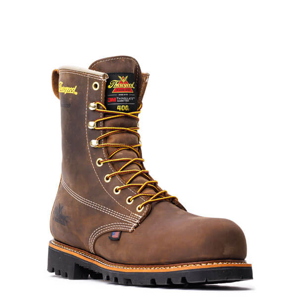 Angled side view of American Heritage insulated waterproof 8" nano safety toe boot