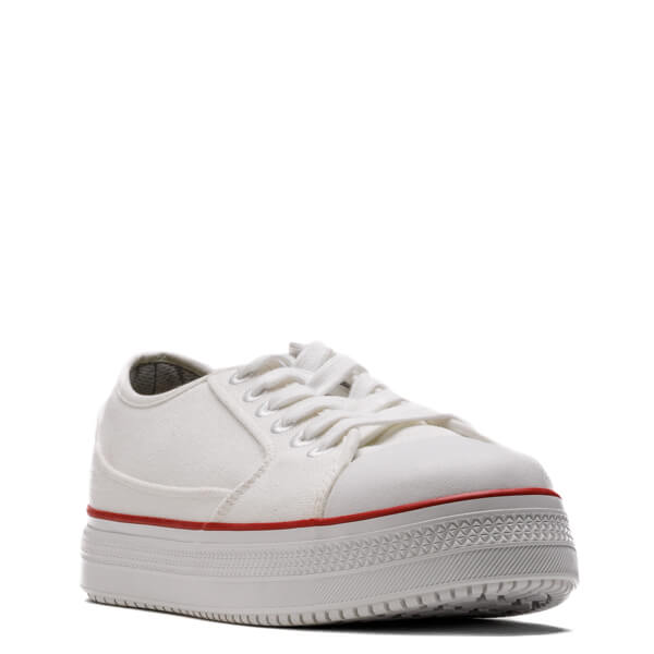 Angled front view of warehouse one low white shoe