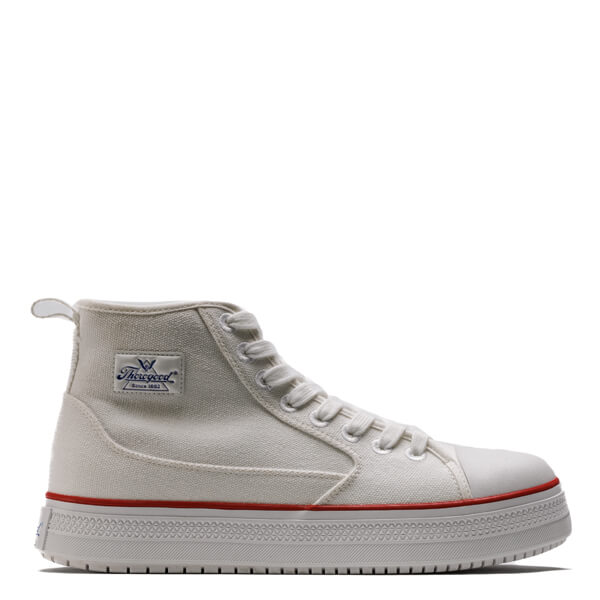 Side view of warehouse one mid white shoe