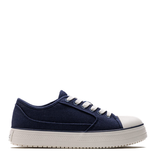 Side view of warehouse one low Navy shoe