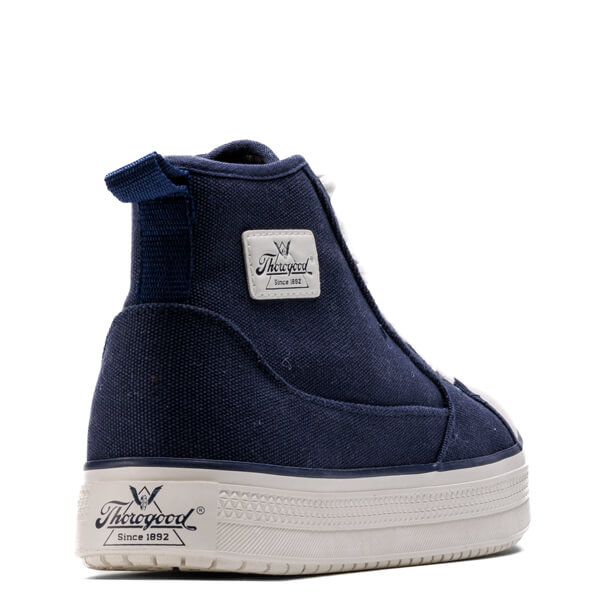 Angled back view of warehouse one mid Navy shoe