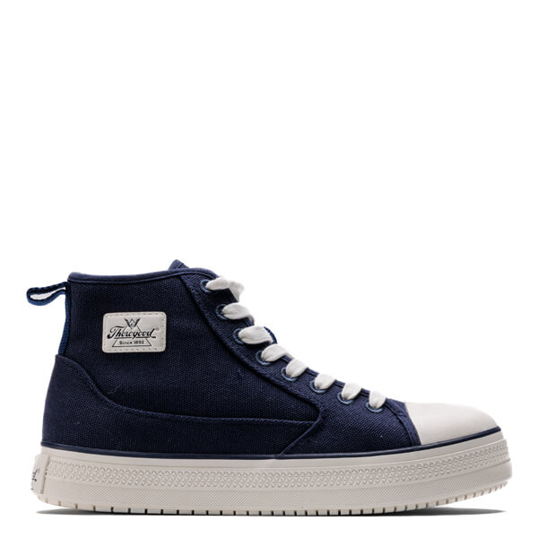 Side view of warehouse one mid Navy shoe