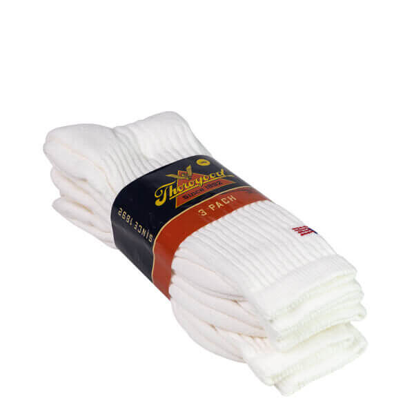 Laying down view of mid-calf 3 pair socks in packaging