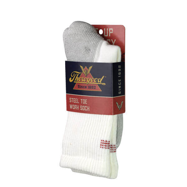 Angled front view of steel toe crew work sock in packaging