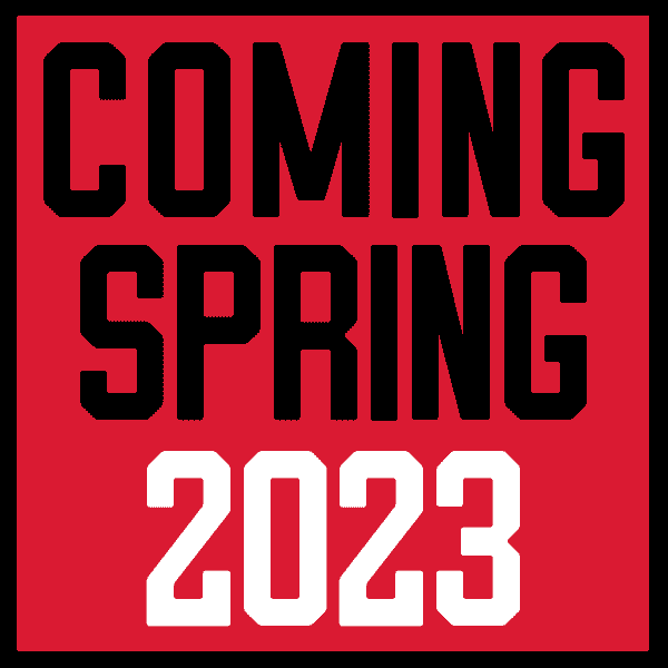 Red icon with the wording Coming spring 2023 on it