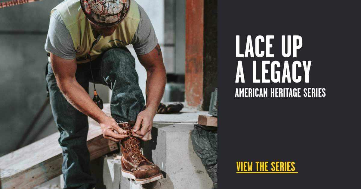 Steelworker stands on beam to lace up Thorogood American Heritage boots.