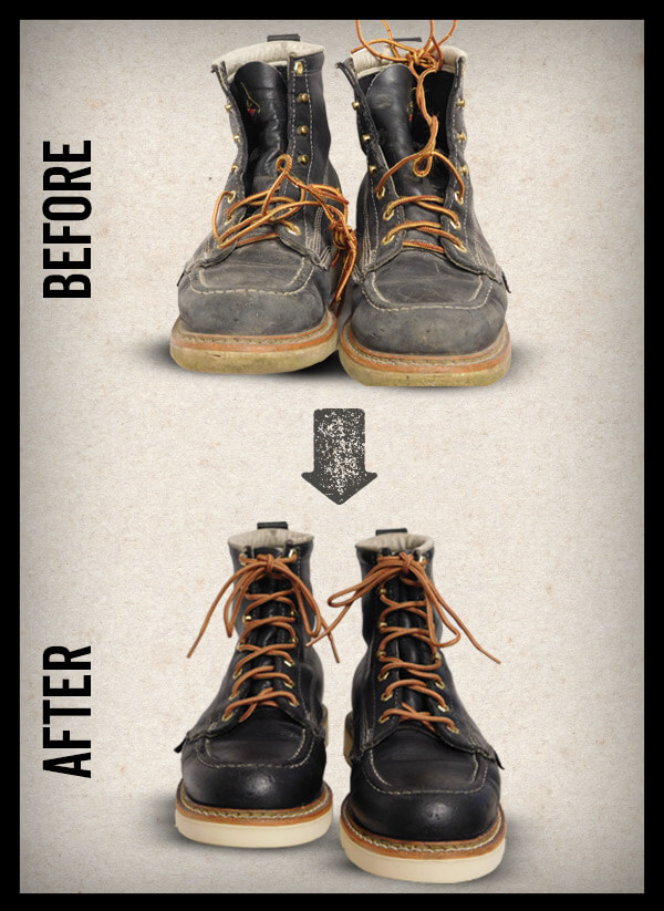 Image of a before and after pair shot of a restoration of boots