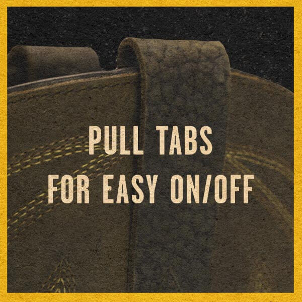Image of a close up of the square toe wellingtons pull tab at the top with the wording, "pull tabs for easy on/off"