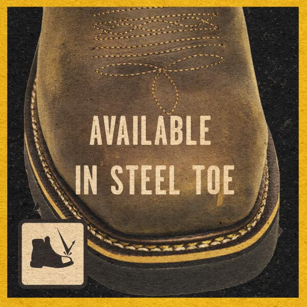 Image of American Heritage waterproof Wellington, with the steel toe icon on the image and wording saying, "available in steel toe"